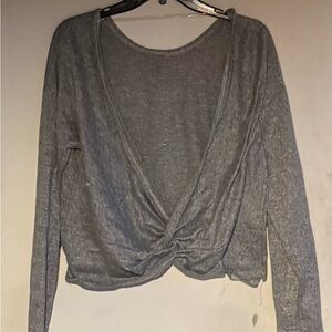 Gray Wrap Blouse with Long Sleeves and Tie Front